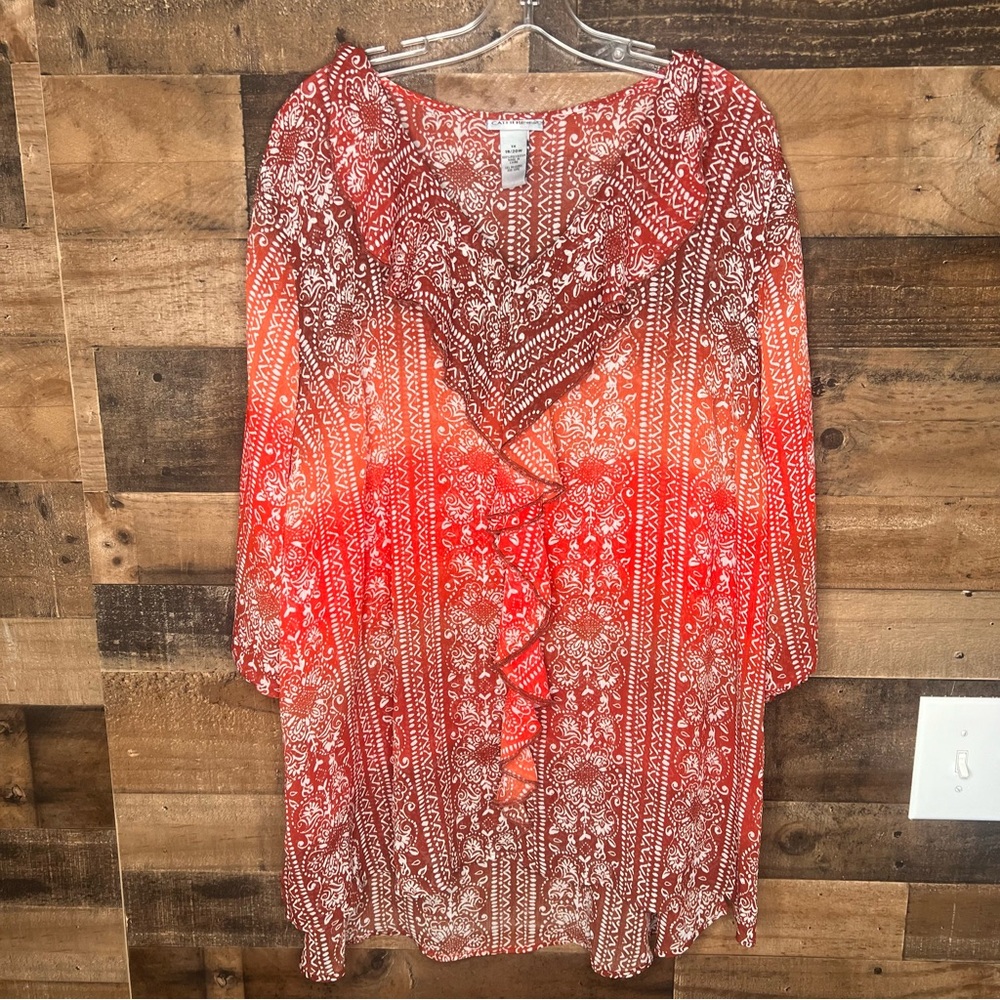 Catherines Plus Size 1X 18/20 Top Ombre Ruffle Boho Shirt Blouse V Neck Orange